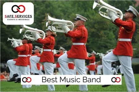 Brass-band performers in uniform, pictured in a Safe Events profile image.