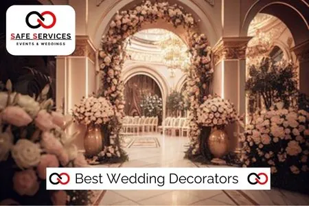 Floral wedding entrance and mandap arrangement shown on the Safe Events profile.