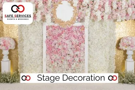 Floral wedding stage backdrop displayed in a Safe Events profile image.