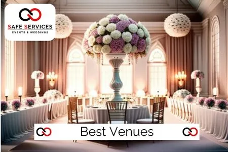 Wedding venue with a floral centrepiece and guest tables shown on the Safe Events profile.